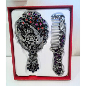 Vintage Peacock Shaped Mirror And Hair Brush Set Style W